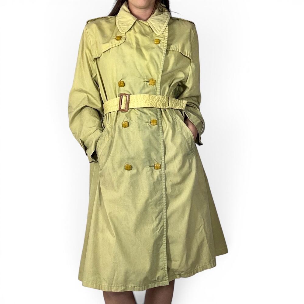Vintage 1980s Hand Dyed Ombre Dip Dye Trench Coat Yellow Green Double Breasted